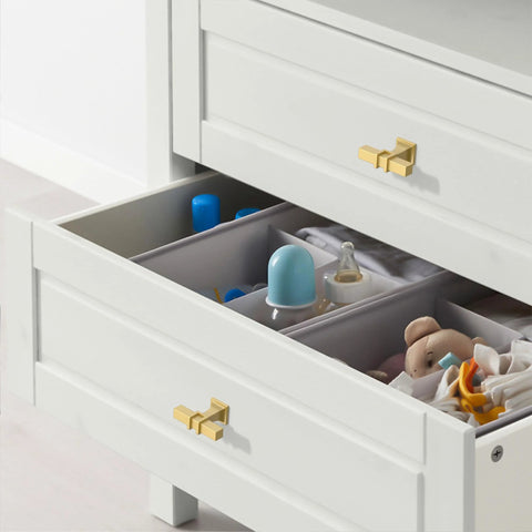 Open drawer with brushed gold cabinet knob 10 Pack Brushed Gold Cabinet Knobs 1.46 Inch 37mm Single Hole Rectangle Drawer Pulls for Cabinets Dressers Bathrooms Easy To Install with 120 Days After Sales Guarantee ZH0067