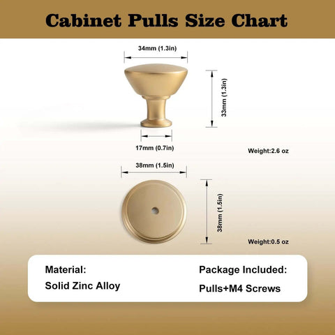 Champagne Bronze Zinc Alloy Cabinet Knobs With Plate Six Pack Single Hole Kitchen Cabinet Pulls Drawer Hardware size chart