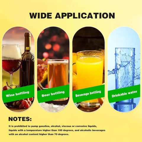 Image showing applications of 110V Water Transfer Pump With Adjustable Speed Auto Siphon Self Priming Food Grade Pump Head And Hose Great For Ice Makers And Coffee Machines Bottling Wine Beer Kombucha Home Brew Friendly Low Noise 2 L Per Minute in wine, beer, and beverage bottling, and drinkable water.