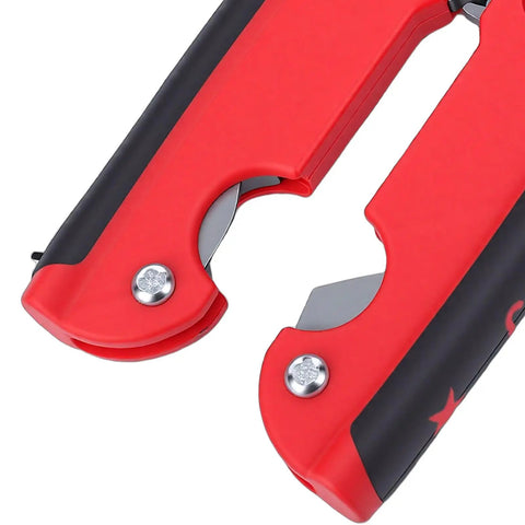 Close-up of red ergonomic handle on 18 In 1 Wire Stripper And Pliers For Electricians A Pro Grade Cable Tool for quick easy wire tasks.