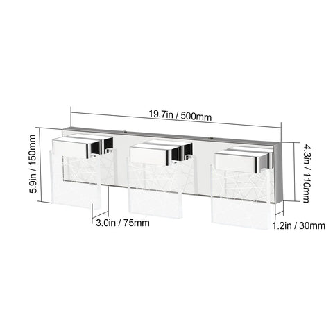 Three Light Vanity Light Fixture In Stainless Steel Chrome Finish With Transparent Acrylic Diffusers And LED 6000K Daylight Bright Bathroom Lighting For Modern Homes Easy Install, dimensions illustrated.