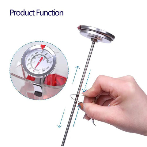Hand holding Analog 12 Inch Candy And Deep Fry Thermometer With Instant Read Dial, shown with dial close-up