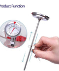 Hand holding Deep Fry Thermometer With Instant Read Dial, 6 Inch Stainless Steel Stem Meat Thermometer For Oil Fryin, Turkey, BBQ And Grill, Accurate 50 To 550 Degrees Fahrenheit
