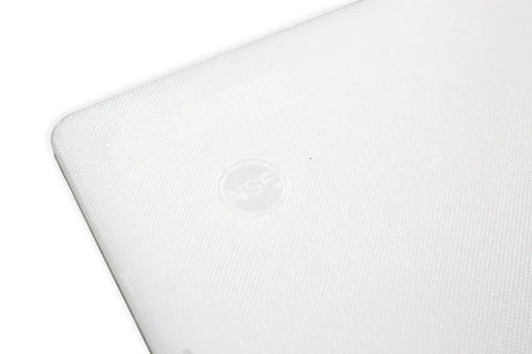 Close-up of Pro Grade Commercial Plastic Cutting Board With Large 18 By 12 By Half Inch Thick White Poly Surface, NSF Certified