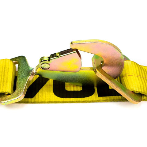 Close-up of Axle Tie Down Combo Strap Kit ratchet end, yellow webbing, 2 inch wide, 3300 pound safe working load, professional grade.