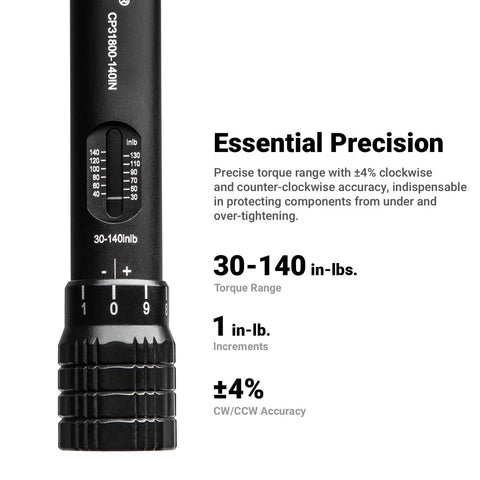 Quarter Inch Drive Mini Torque Wrench Set For Tight Spots From 30 To 140 Inch Pounds, Precise One Inch Pound Increments And CW CCW Accuracy, showing 30 to 140 in-lb range.