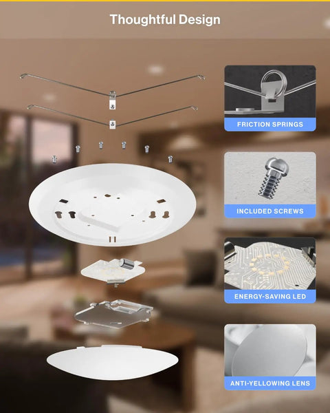 Exploded view of 12 Pack 6 Inch LED Disk Lights Flush Mount Ceiling Downlights Recessed Can Lighting components