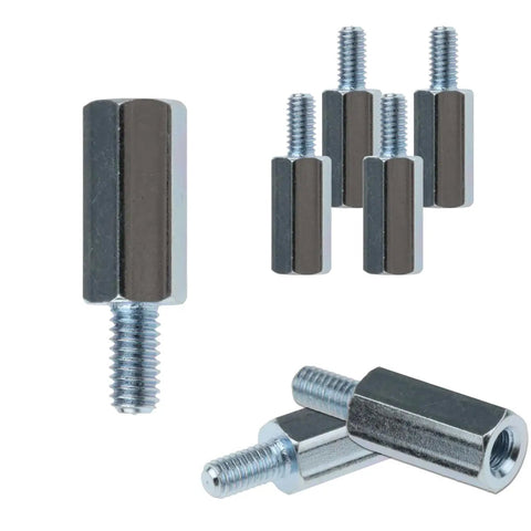 Wall Mount Spacer Adapter Set For Desktop And Portable Monitors 8 Pcs M4x14mm Hex Stainless Steel Standoff Spacers And Screws Nuts Bolts For PCB Computers And Circuit Board Prototyping. Image shows stainless steel hex standoffs and screws.