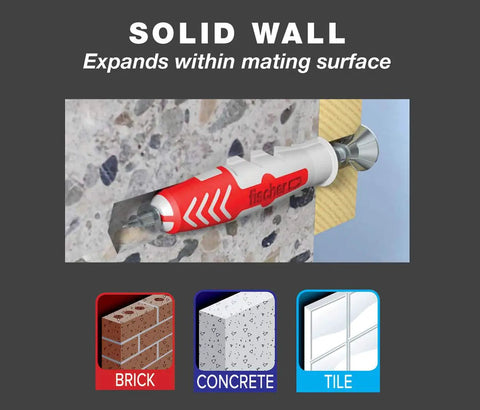 Universal Dual Action Nylon Wall Anchors For Drywall And Solid Surfaces Fits Four To Six Screw Sizes One Inch Long engaged in solid wall installation.