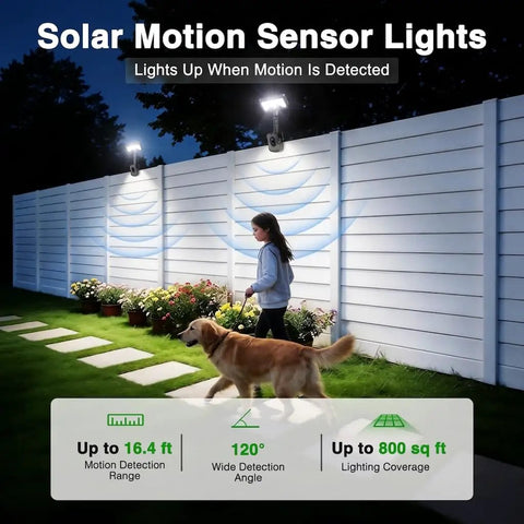 Young girl walking a dog by flowers at night with Heavy Duty Solar Motion Lights Clip On For Fence Deck And Gutter 92 Led Security Spotlight.