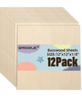 Front view of 12-pack basswood sheets, 12x12x1/8 in, unfinished wood for laser cutting and engraving