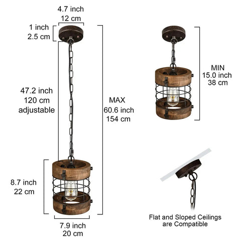 Dimensions of Retro Industrial Round Cage Pendant Light with wood and metal, adjustable 7.9 inch diameter, 8.7 inch height, brown finish.