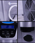 Close-up view of Top Shelf Countertop Automatic Ice Dispenser With Food Grade Abs Shell, control panel and water connection.