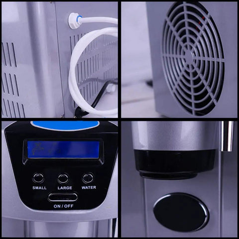 Close-up view of Top Shelf Countertop Automatic Ice Dispenser With Food Grade Abs Shell, control panel and water connection.