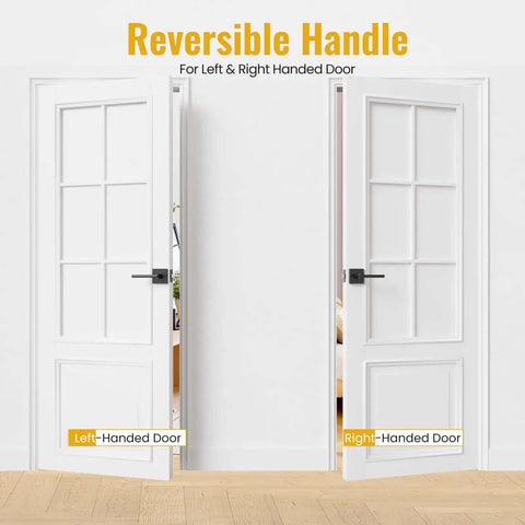 Matte Black Interior Door Lever With Square Plate on both left and right-handed white doors