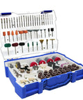 The Real McCoy Electric Mini Drill Bit Kit And Rotary Tool Accessories Set For Grinding Sanding Polishing Cutting Work With One Eighth Inch Shank That Brings Big Time Reliability For Daily Garage Projects And Craft Tasks in a blue storage case showcasing various drill bits and polishing accessories.