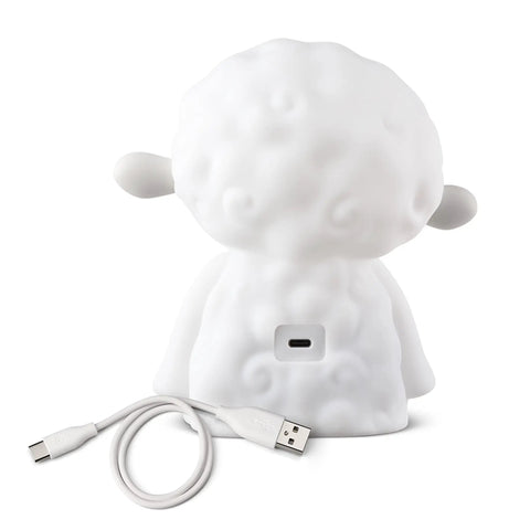 Back view of Night Light For Kids Sleep Aid With Sleepy Sheep Audio Play Character From Sleepy Friends, USB cable visible