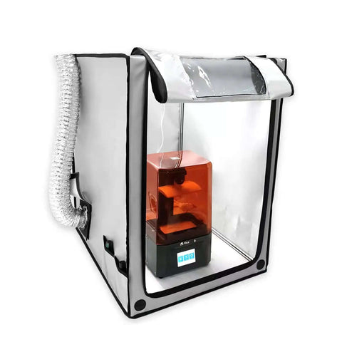 Image of All In One 3D Printer Enclosure With Fume Extractor Eye Shield Laser Engraver, showing a printer inside a clear tent with smoke pipe.