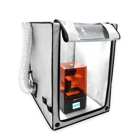 All In One 3D Printer Enclosure With 3 Layer Filtered Ventilation Fan Odor Busting Fireproof Noise Reduction For Ender 3 V3 SE KE Ender 3 Pro V2 Neo CR 10 SE Silver, showcasing ventilation hose and printer inside.