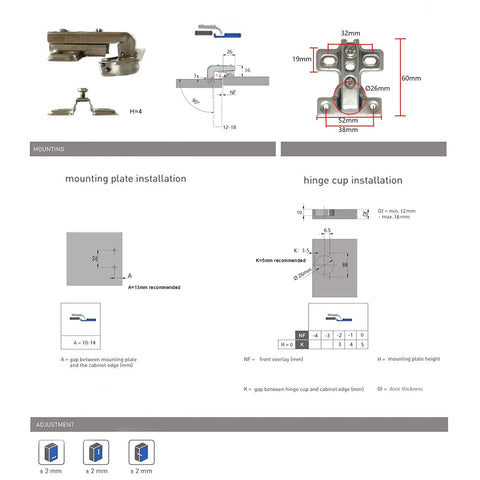 Slick Nickel Steel Hinges Engineered For Tight Squeeze Cabinets And Cupboards Featuring Solid Ninety Degree Short Arm Mechanism detailed measurements.