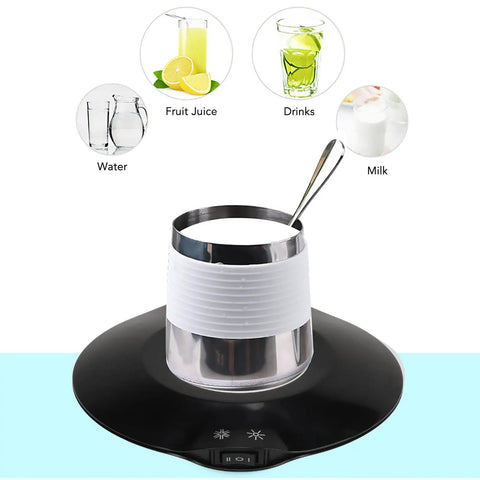 Electric Coffee Mug Warmer With Heating Cooling Cup Mat USB Drink Heater Keeps Your Morning Brew Straight Fire Total Vibe Upgrade For Desk Or Couch Lounge Session with cup of milk.