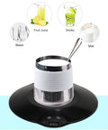 USB Powered Electric Coffee Warmer And Cooler Cup Coaster with metal cup holding milk on a sleek black base.
