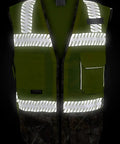 Kickass Class Two Surveyors Safety Vest Featuring Sleek Camo Lower Panel And Striking Reflective Taping Built From Zero Sweat Polyester Mesh For Daily Crew Grind Or Weekend Wild Hunt Ready Setup In Large showing reflective taping and camo lower panel.