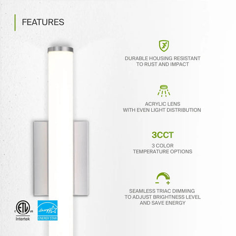 18 Inch LED Linear Vanity Light Fixture For Bathroom Mirror With 3 Color Temperatures From 3000K To 5000K Dimmable 20W 1500 Lumens