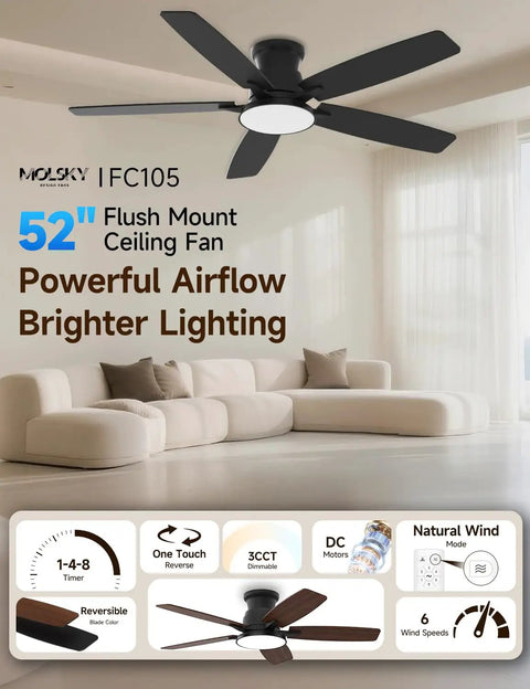 Flush Mount Ceiling Fan With Light 52 Inch Remote Control 3CCT Dimmable LED Six Speed Ultra Quiet Reversible DC Motor Low Profile Hugger For Indoor Outdoor 90 To 264 Volt Matte Black in a modern living room.