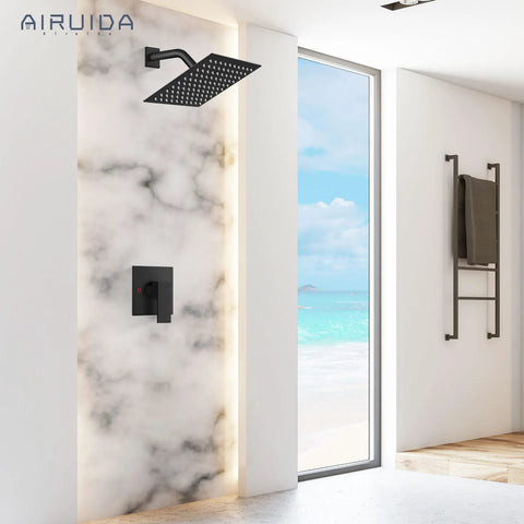 Airuida matte black 8-inch square rainfall shower head with wall mount and SUS304 stainless steel single-handle valve