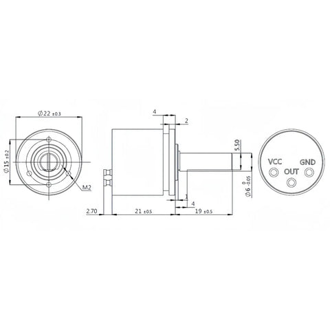 12-Bit Hall Angle Sensor With 0.088 Degree Resolution And 360 Degree Full Rotation 0-5V Analog Output Pro Grade High Precision Rotatable Hall Effect Position Sensor For Accurate Angular Measurement And Reliable Motion Control. Technical drawing with 22mm housing, VCC OUT GND pins.