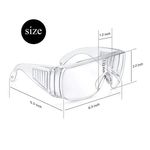 Six Pairs Clear Safety Glasses That Fit Over Your Glasses, Anti Fog Scratch Resistant Polycarbonate Eye Protection Goggles, size dimensions