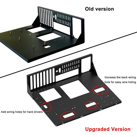 Comparison of old and upgraded Open Air PC Test Bench Case and Open Frame Techbench for motherboards with cable management features.
