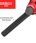 Close-up of Spincast Fishing Rod And Reel Combo handle, 5 Foot 6 Inch, right hand retrieve, black and red, EVA grip detail.