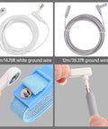 Components of Copper Grounding Rod Kit With 39 Feet White Ground Wire And Blue Anti Static Wristband, showing wires and wristband.