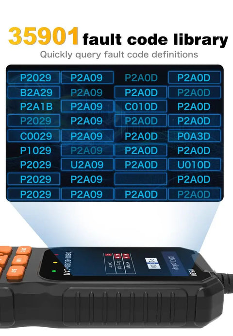 Heavy Duty OBD2 Diagnostic Scanner That Straight Up Clears Check Engine Flags Pulls Freeze Frame Codes And Streams Live Data While Getting Your Rig Back On Road Fast displaying fault code library.