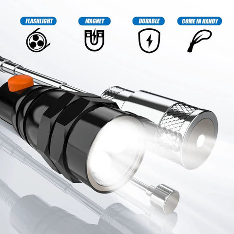 Telescoping Magnetic Pick Up Tool With 1 lb And 15 lb Pickup Rod showing LED flashlight and magnetic tip