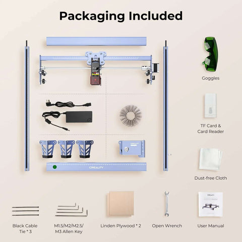 Creality Falcon 5W laser engraver with blue frame; packaging includes goggles, power adapter, wrench, plywood.