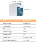 Beefy 24V Power Supply 480W 20A High Power Stable Output for Sensitive Semiconductor Equipment Rock Solid 24 Volt Supply for Precision Manufacturing UL508 Certified Efficient and Durable, compact metal unit with dimensions and specs table