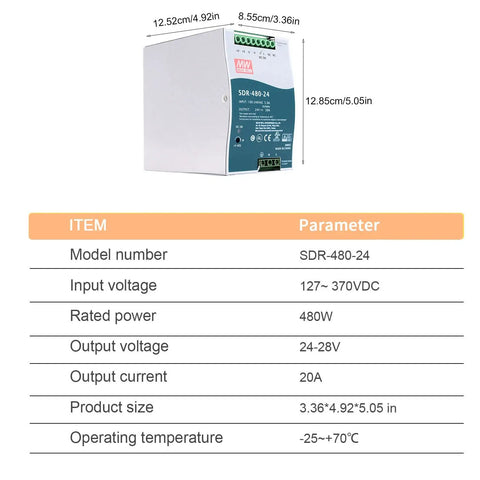 Beefy 24V Power Supply 480W 20A High Power Stable Output for Sensitive Semiconductor Equipment Rock Solid 24 Volt Supply for Precision Manufacturing UL508 Certified Efficient and Durable, compact metal unit with dimensions and specs table