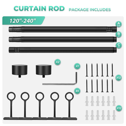 Beefy 120 To 240 Inch Curtain Rod Matte Black 1 Inch Drape Rod For Bedroom Living Room Divider Adjustable Heavy Duty