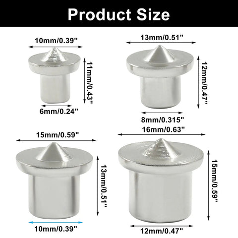 Pro Grade Dowel And Tenon Center Transfer Plugs For Precision Woodworking size comparison of 10mm, 13mm, 15mm, and 16mm steel markers.