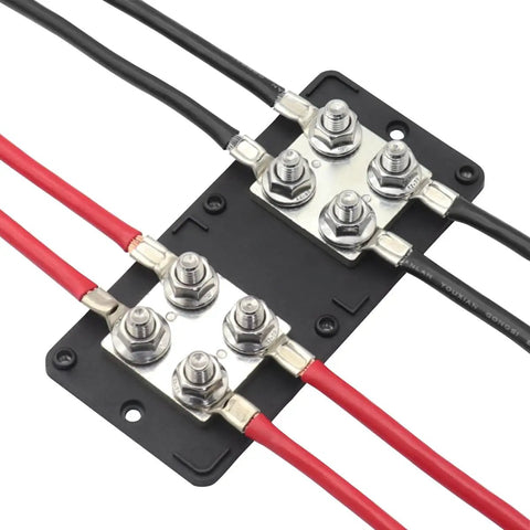 Heavy Duty 400 Amp 12V Bus Bar With Real Deal Copper Terminals For Multiple Battery Banks Marine Ready, showing wires connected.