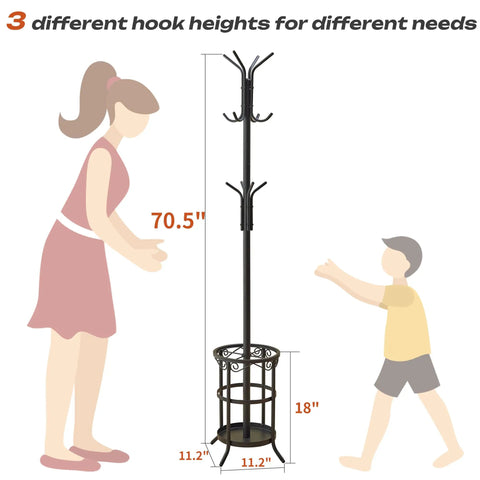 Illustration of All In One Freestanding Coat Rack Stand with built in umbrella holder, three hook heights, 70.5 inches tall.