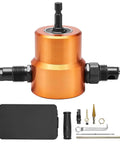 Dual Head Sheet Nibbler Metal Cutter Power Drill Attachment in orange with accessories for quick sheet metal cutting.
