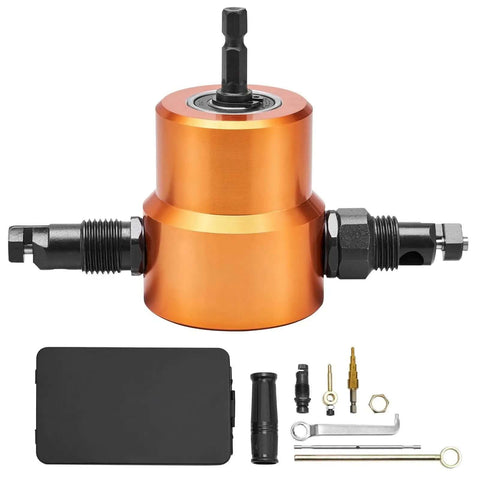 Dual Head Sheet Nibbler Metal Cutter Power Drill Attachment in orange with accessories for quick sheet metal cutting.