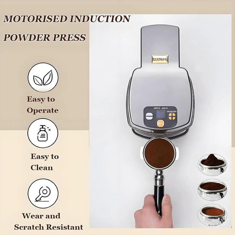 Electric Espresso Tamper With Adjustable Pressure And Height Featuring Smart Standby Mode And Included Cleaning Brush A Total Game Changer For Home Baristas Who Want Smooth Coffee Pulls Daily Without Any Sweat, showing a motorized induction powder press.
