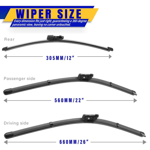 Volkswagen Atlas Windshield Wiper Blades Set Of 3 OEM Replacement Front 26 Inch 22 Inch 12 Inch Top Lock Connector diagram