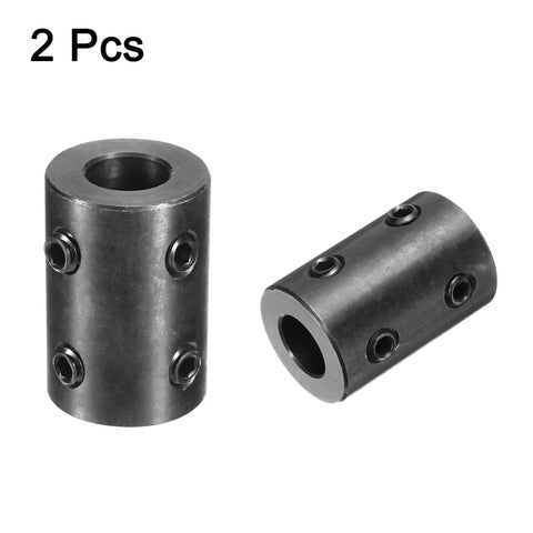 Two black oxide steel shaft couplings with four set screws; 1/2" bore, 1" OD, 1-1/2" length.