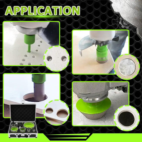 Porcelain Tile Diamond Core Drill Bit Set And Hole Saw Kit, 12 Piece, showing drill applications on tiles with bits and case